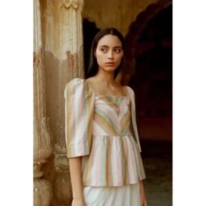 Mirth Mallorca Rainbow Stripe‎ Square Neck Pleated Blouse